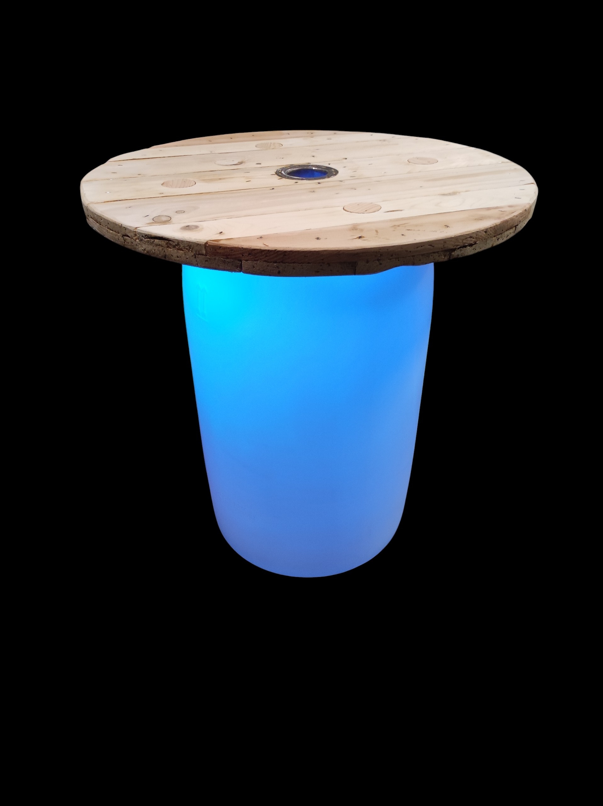 Mange-debout lumineux : touret monté sur fût LED — pièce unique de l'atelier