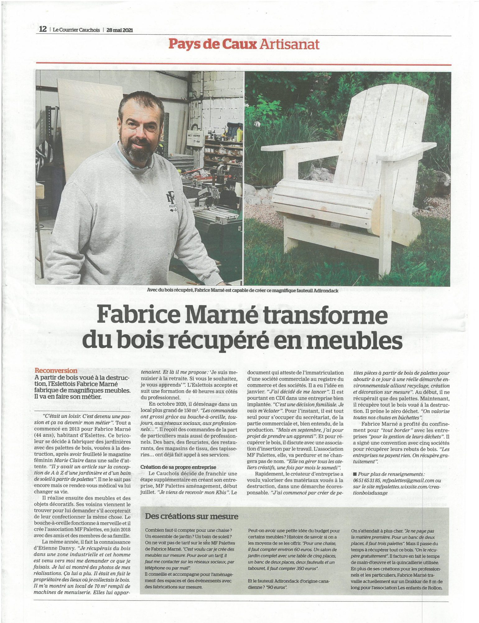 Article du Courrier Cauchois consacré à Fabrice Marné et à l'atelier MF Palettes